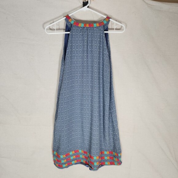 THML Blue White Geometric Print Sleeveless Dress XS Embroidered Trim Lined Boho - Picture 8 of 12